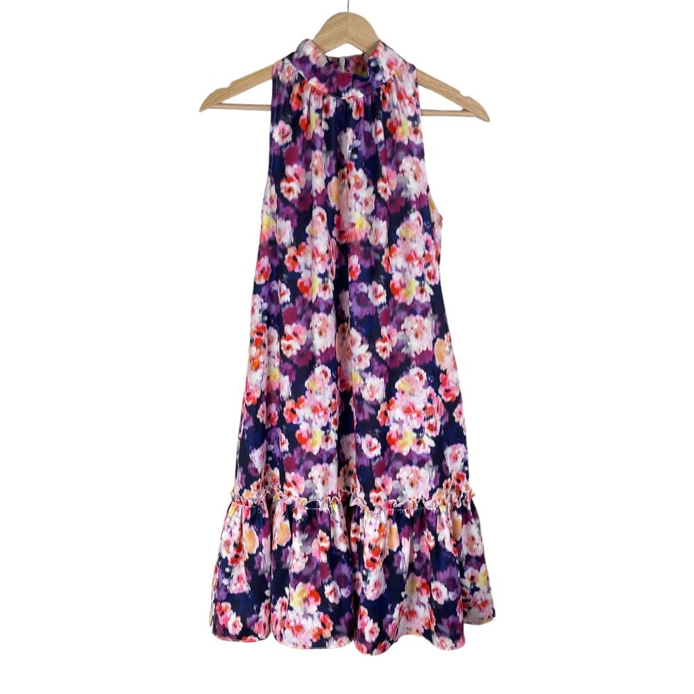 Sam Edelman Floral Dress XS Tiered High Neck Purple Pink Cocktail Party Flouncy
